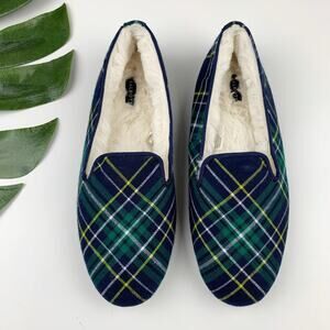 Talbots Slippers Blue Green Plaid Faux Fur Lined Slip On Hard Sole Women's 9